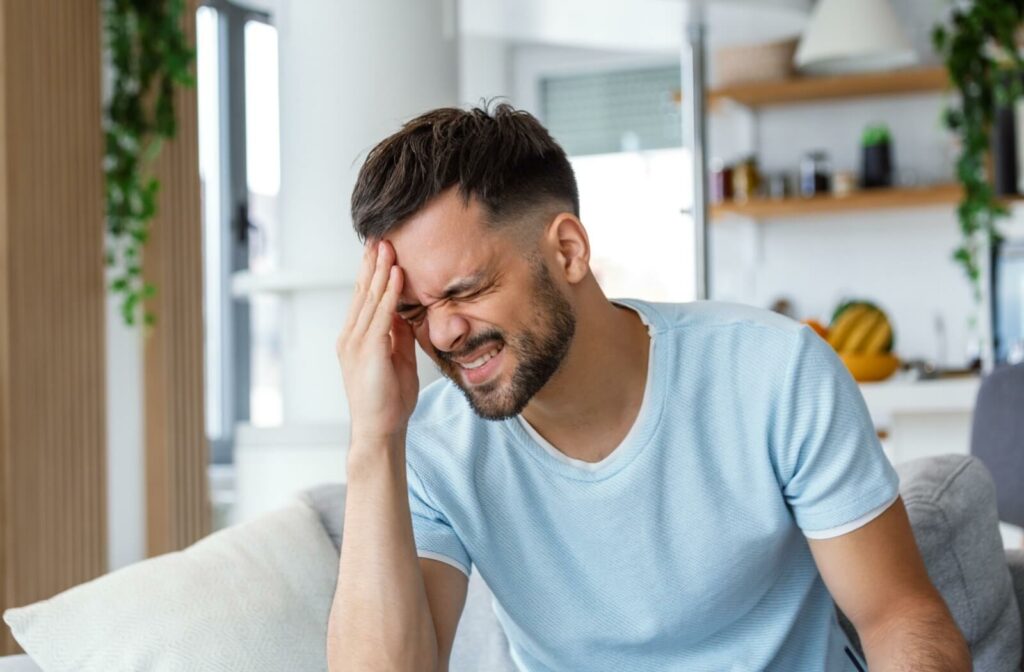 A young adult sitting on the couch at home, rubbing their forehead in frustration due to a migraine from their wisdom teeth.