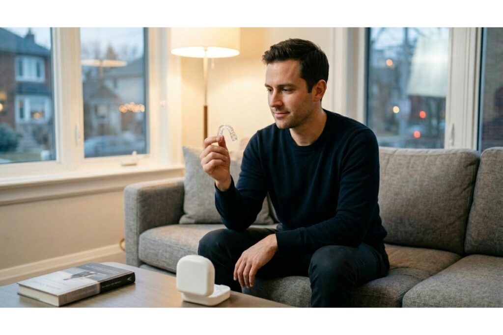 A man sits on a grey couch in a brightly lit living room, looking closely at a clear plastic dental aligner tray he is holding in his hand. On the coffee table in front of him, there is a small white dental storage case and a book.