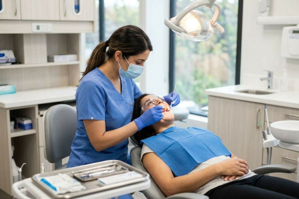 Dental professional in scrubs and mask examining a patient reclined in a dental chair under an overhead light in a modern clinic.