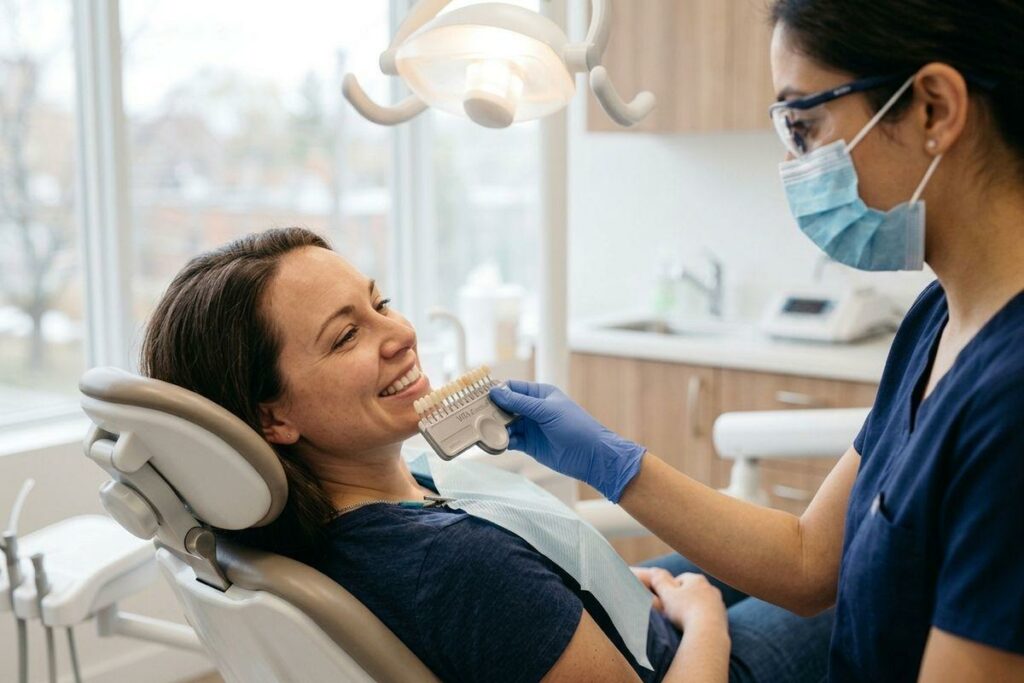 Dentist holding tooth shade guide near a smiling patient reclined in a dental chair.
