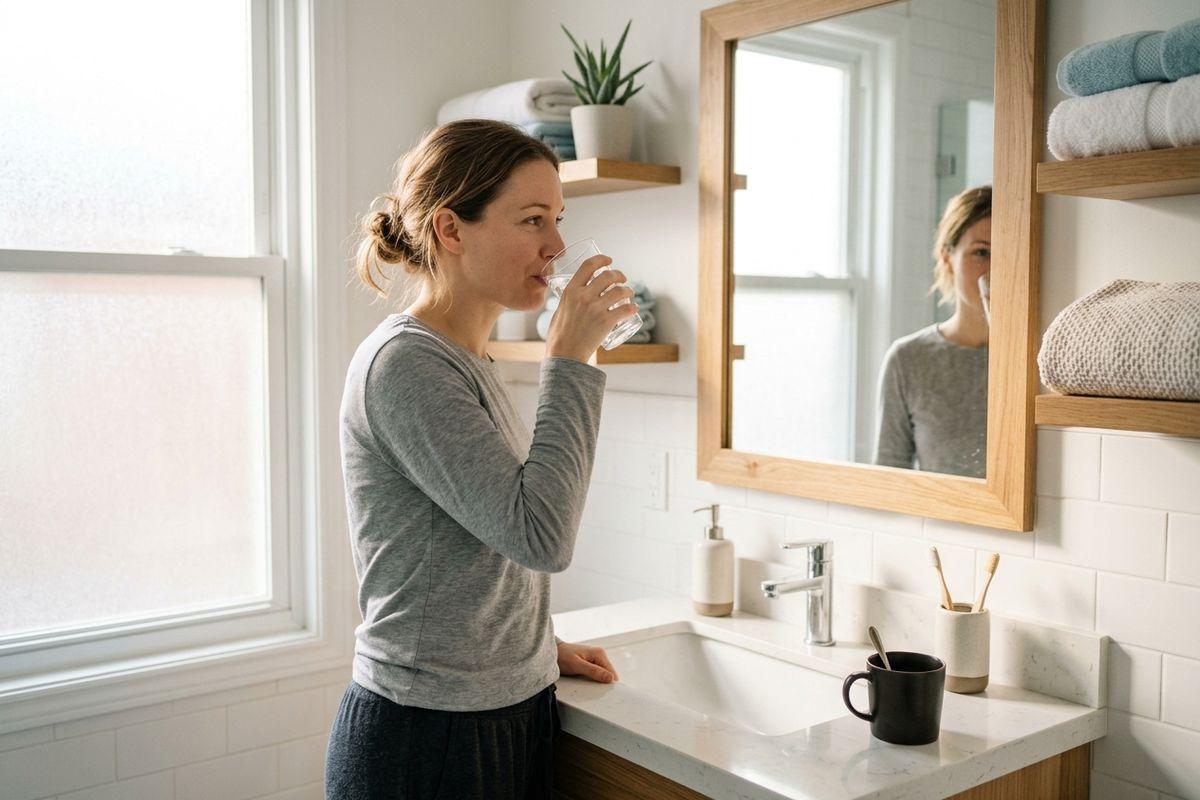 Person drinking a glass of water at a bathroom sink in front of a mirror.
