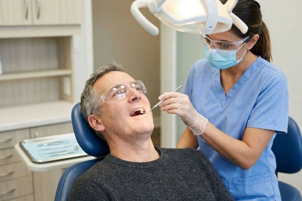 Dentist examines the teeth of a patient reclined in a dental chair, both wearing safety glasses.