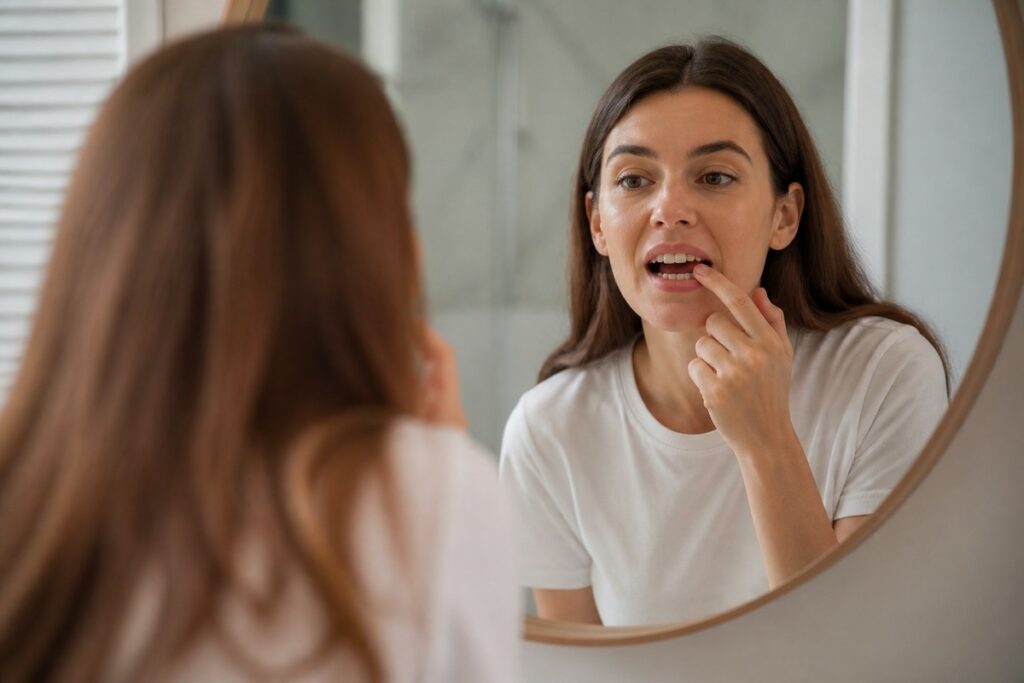 Person examining their teeth in a round mirror, touching their lower lip with a finger.