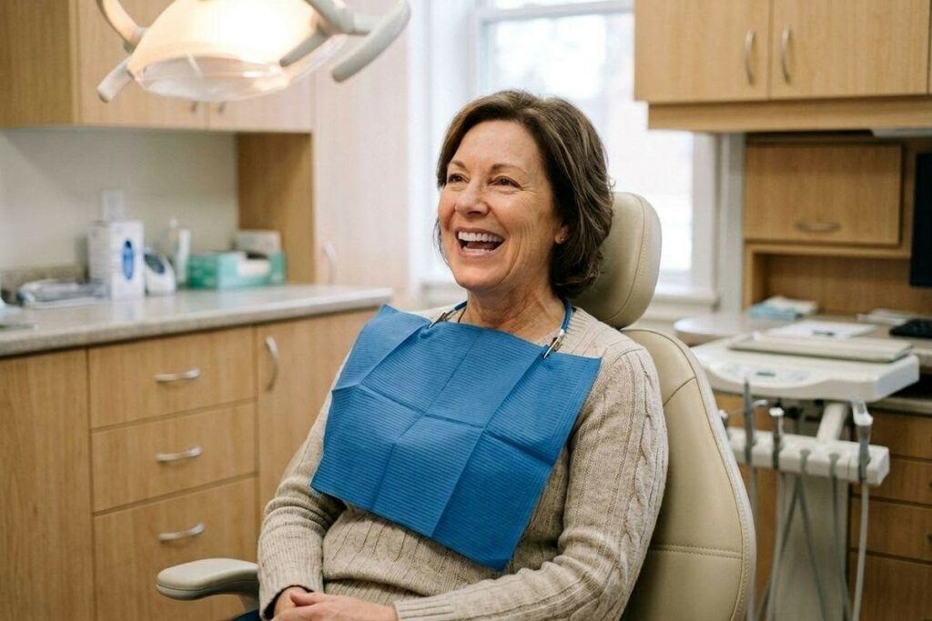 Smiling person with a blue dental bib sits in a dental chair under the exam light.